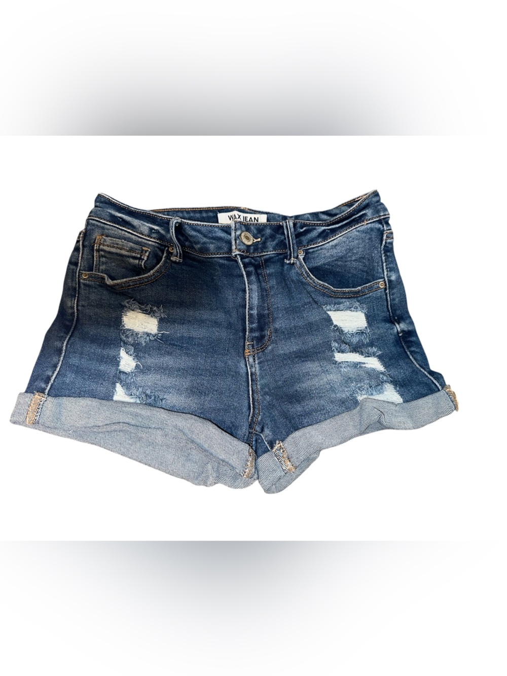 Wax Jean Distressed Dark Blue Rolled Hem Denim Shorts
